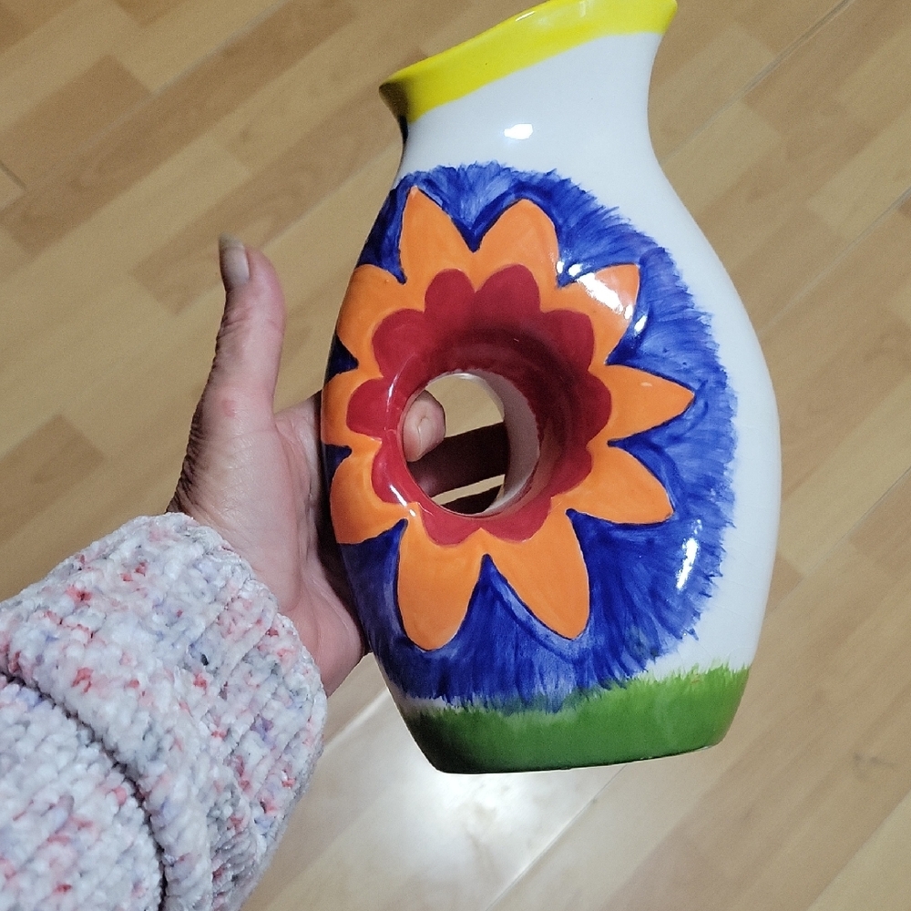 Colorful Ceramic Vase with Floral & Fish Design~ Signed & Numbered